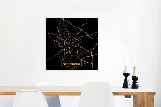 Wanddecoratie Metaal - Aluminium Schilderij Industrieel - Plattegrond - Nürnberg - Goud - Zwart - 50x50 cm - Dibond - Foto op aluminium - Industriële muurdecoratie - Voor de woonkamer/slaapkamer - Stadskaart