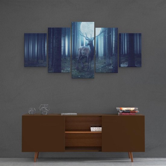 Pentaptyque Artaza - Peinture sur toile - Cerf dans la forêt pendant la pleine lune - 100x50 - Photo sur toile - Impression sur toile