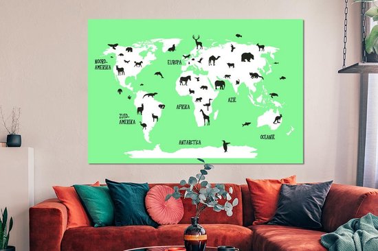 Décoration murale Métal - Peinture Aluminium - Wereldkaart Enfants - Animaux - Vert Menthe - 150x100 cm