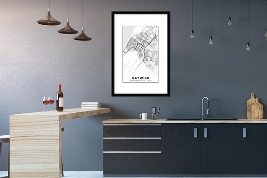 Affiche encadrée - Cadre photo 60x90 cm - Posters - Carte - Katwijk - Zwart - Wit - Cadre affiche noir - Décoration - Décoration murale salon - Décoration murale chambre
