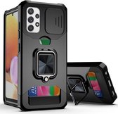 Voor Samsung Galaxy A32 4G Sliding Camera Cover Design PC + TPU Shockproof Case met Ring Houder & Card Slot (Zwart)