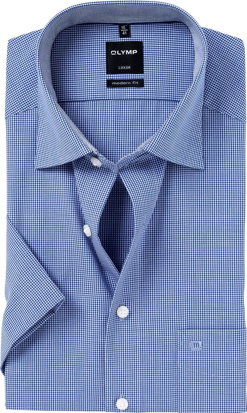 OLYMP Luxor modern fit overhemd - korte mouw - donkerblauw met wit geruit (contrast) - Strijkvrij - Boordmaat: