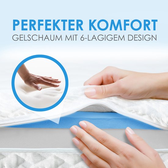 Mains montrant la couche de mousse de gel d'un surmatelas blanc à motif losange.