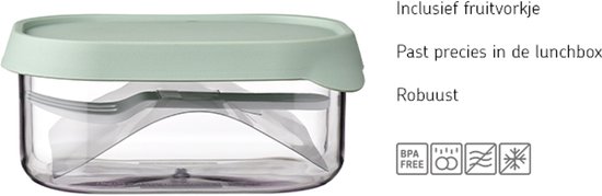 Boîte à lunch transparente avec couvercle vert clair, avec une fourchette vert clair à l'intérieur.