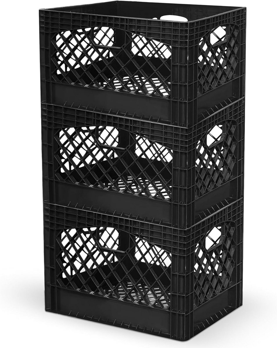 24 Quart 3-Pack Zwarte Heavy Duty Rechthoekige Stapelbare Zuivelmelkkratten - 68 Liter