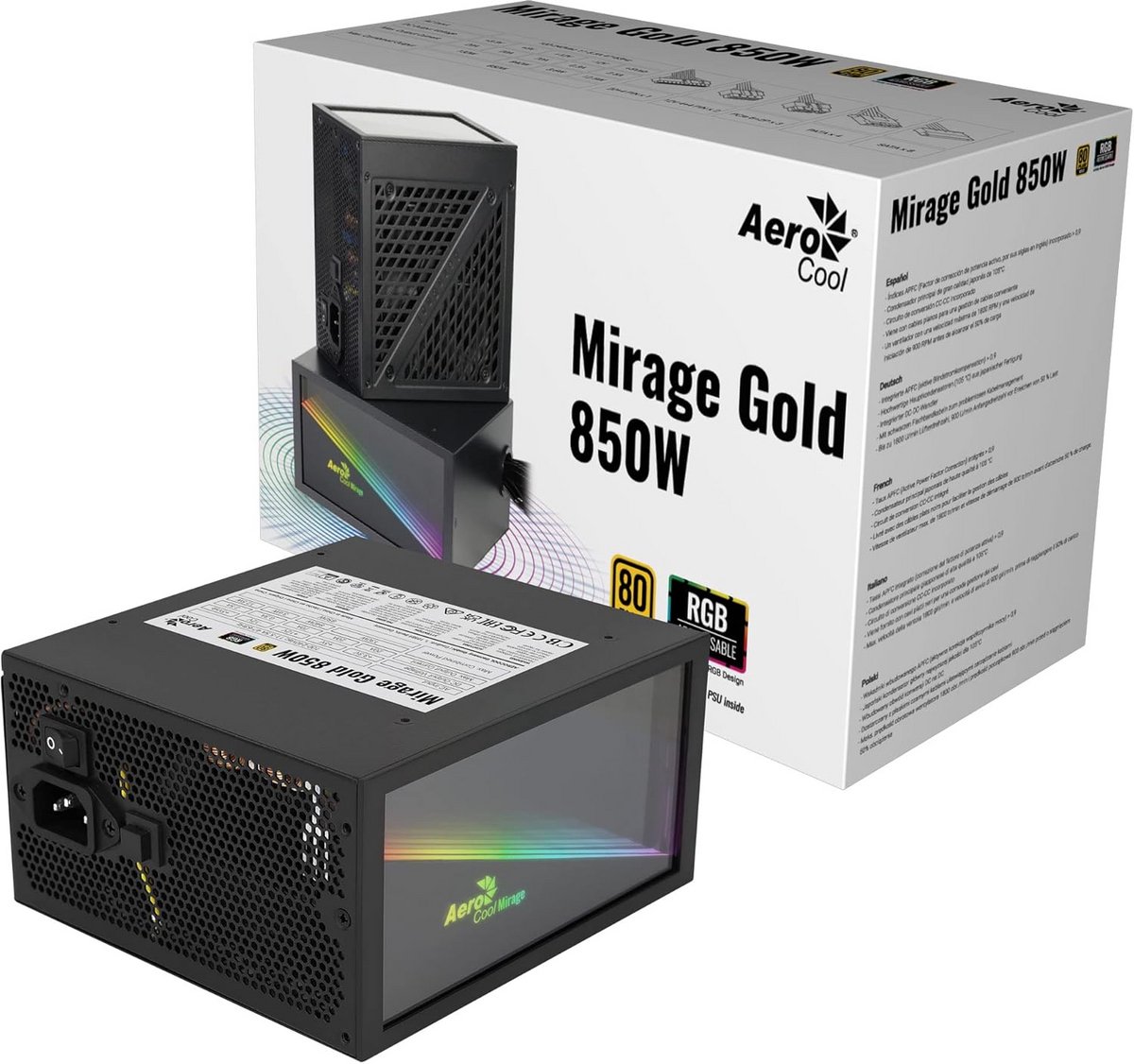 Aerocool Mirage Gold 850W Pc Voeding - 80Plus Gold, Rgb Infinity Mirror, - afbeelding 2