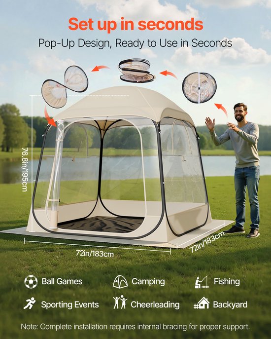 Opvouwbare Sport Tent, 182.9 x 182.9 cm Transparante Buiten Schuilplaats voor 2-4 Personen, Waterdichte Pod Met Vloermat & Topdeksel, Tuin Dome Tent voor Kamperen, Evenementen, Vissen en Toeschouweractiviteiten van Merkloos — afbeelding 4