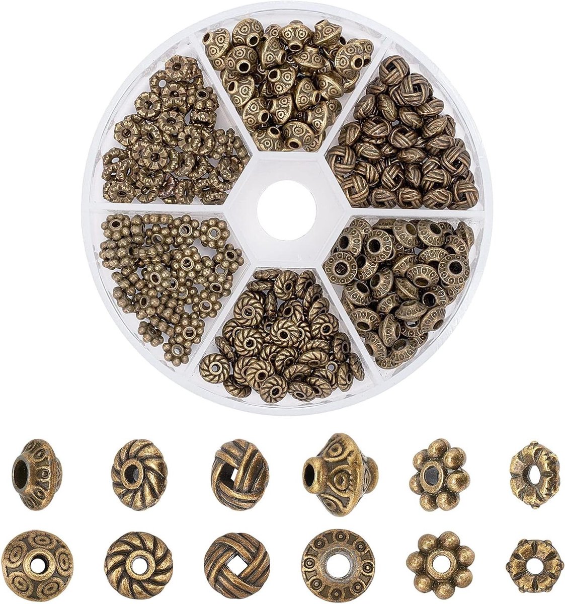Ronte - Lichtmetalen Spacer Kralen voor Armband DIY Sieraden Maken - Set van 295 Stuks in Tibetaanse Stijl met Verschillende Vormen - Antiek Brons - Kralen met 1-2mm Gat