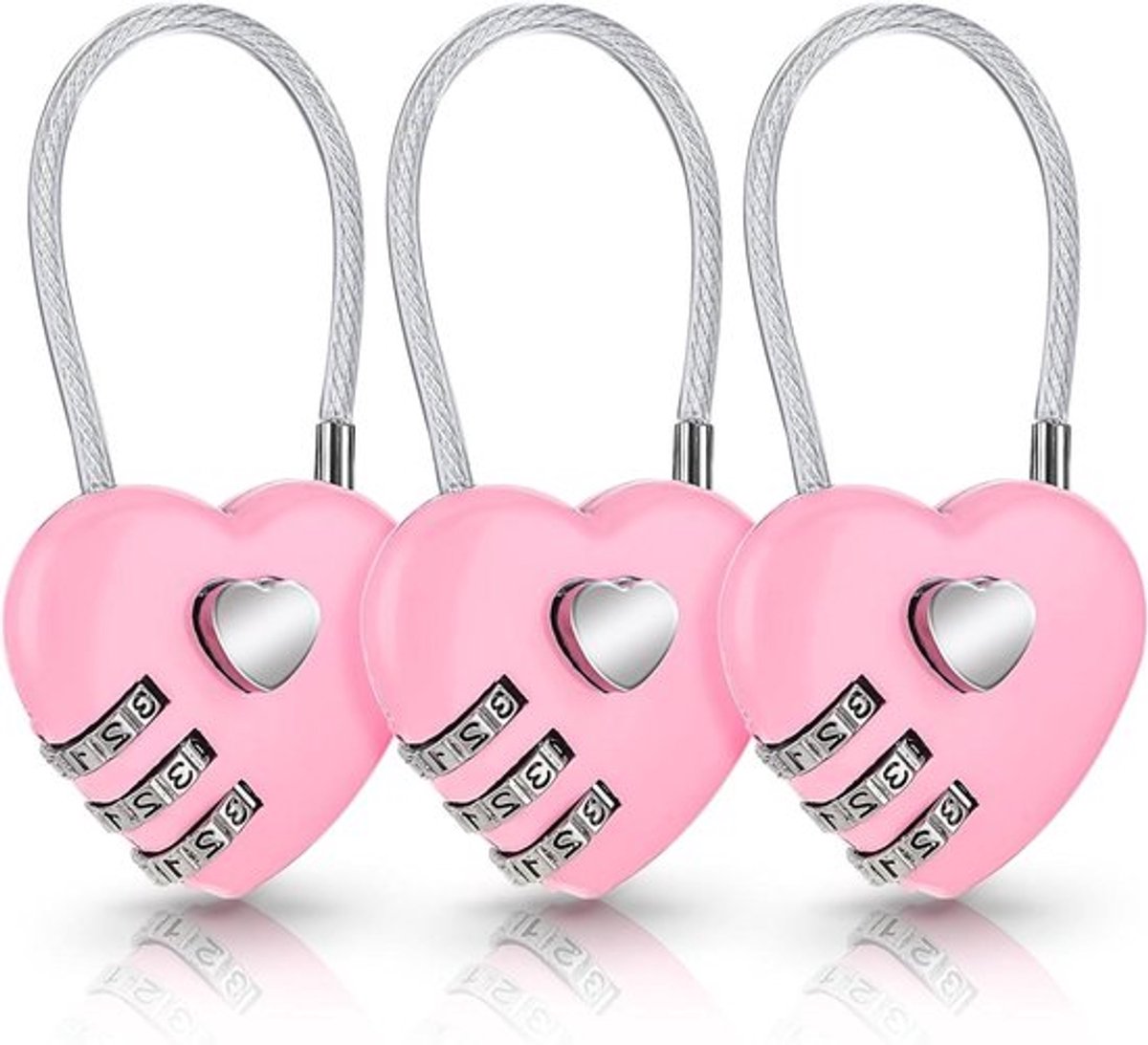 3 stuks roze hartcombinatiesloten voor reistassen en koffers - schattige locker-codesloten met hartvormige kabelhangsloten