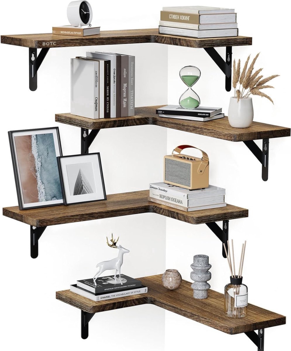 BOTC Zwevende Wandplank - 4 Laags - L shape - Industrieel - Hout