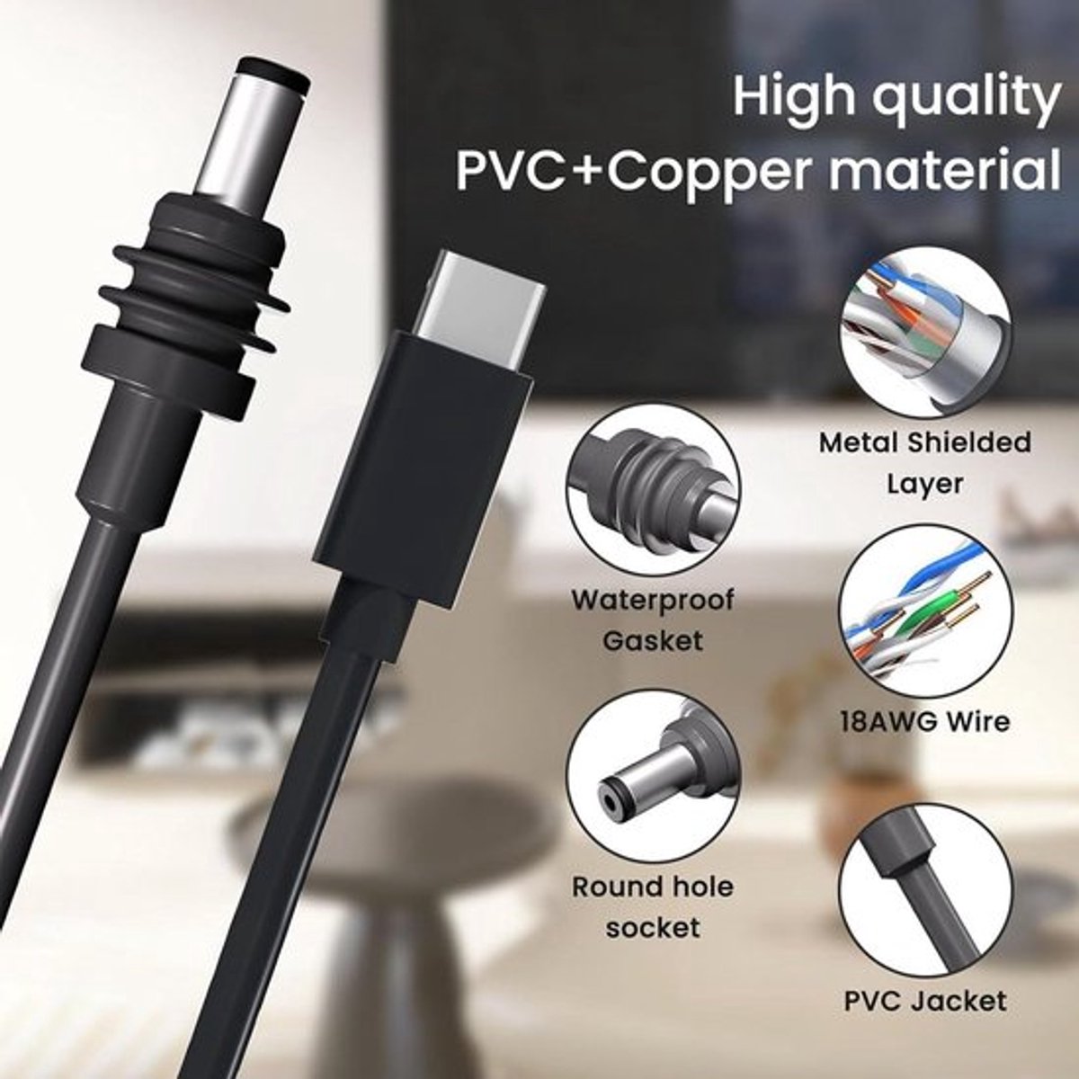 USB-C Naar DC-voedingskabel 2m/65FT Draagbare Rechthoekige Satelliet Vervanging voor 65W PD-voeding 100W PD Power Bank 18AWG-kabel Plug and Play
