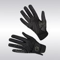 Zwarte handschoenen met grijs streepmotief, Samshield logo en perforaties.