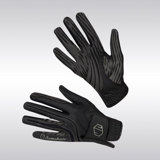 Zwarte handschoenen met grijs streepmotief, Samshield logo en perforaties.