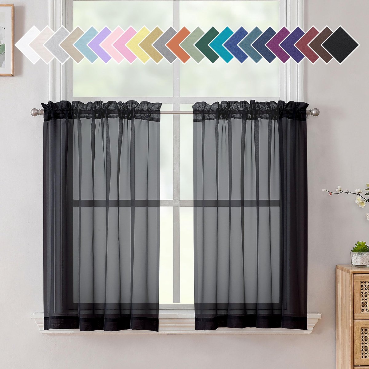 Ibenzoa Elegante zwarte korte vitrages voor ramen en deuren met luchtige uitstraling 90 x 100 cm Black