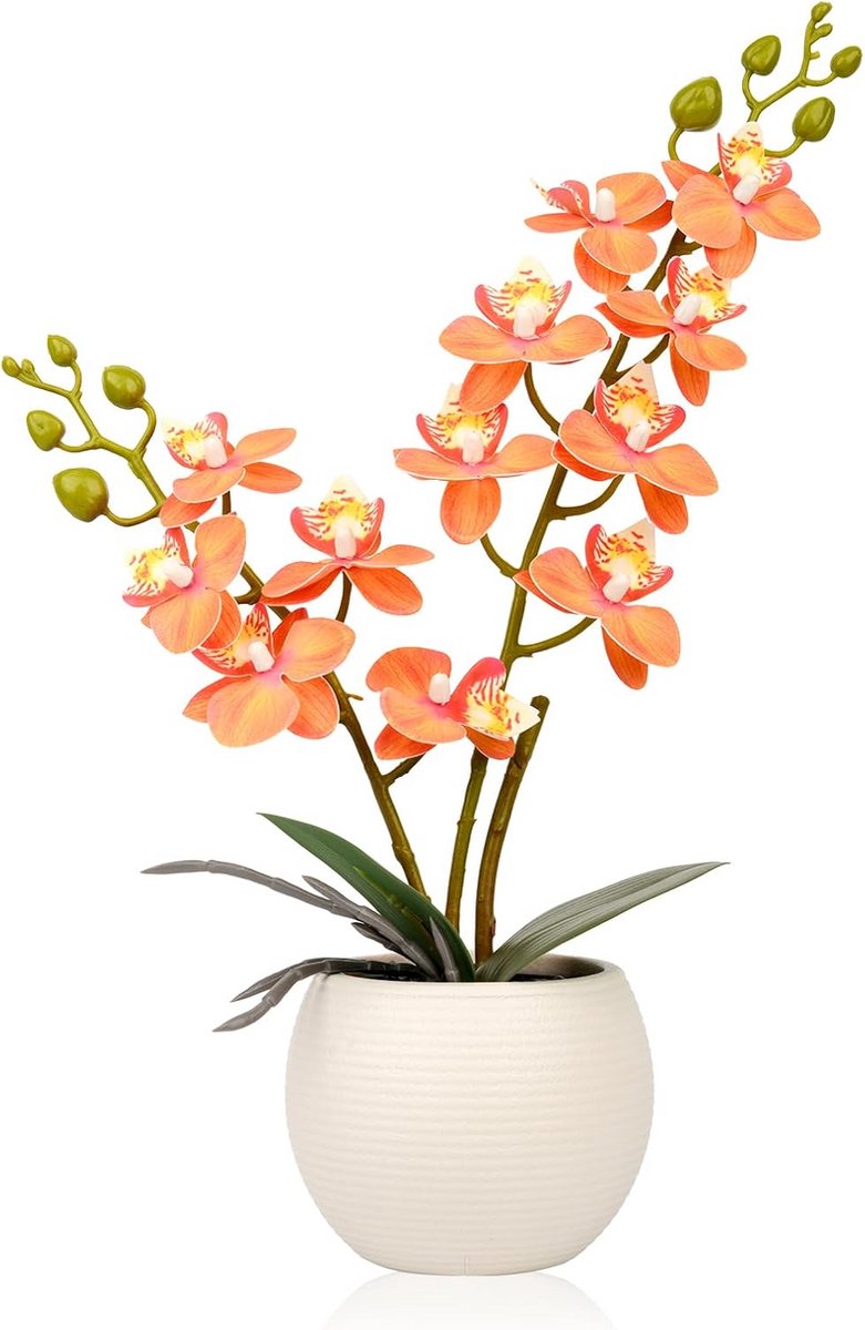 Kunstorchidee met oranje bloemen in witte pot - Real Touch Phalaenopsis decoratie voor thu