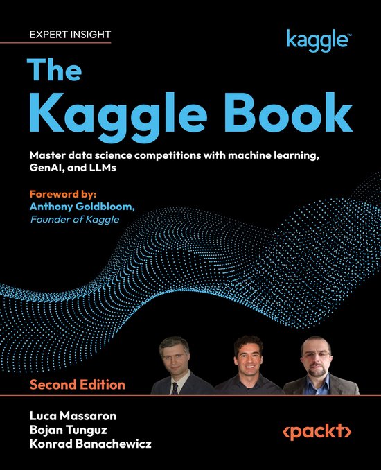 De voorkant van 'The Kaggle Book' met de titel, logo's, en foto's van de auteurs.