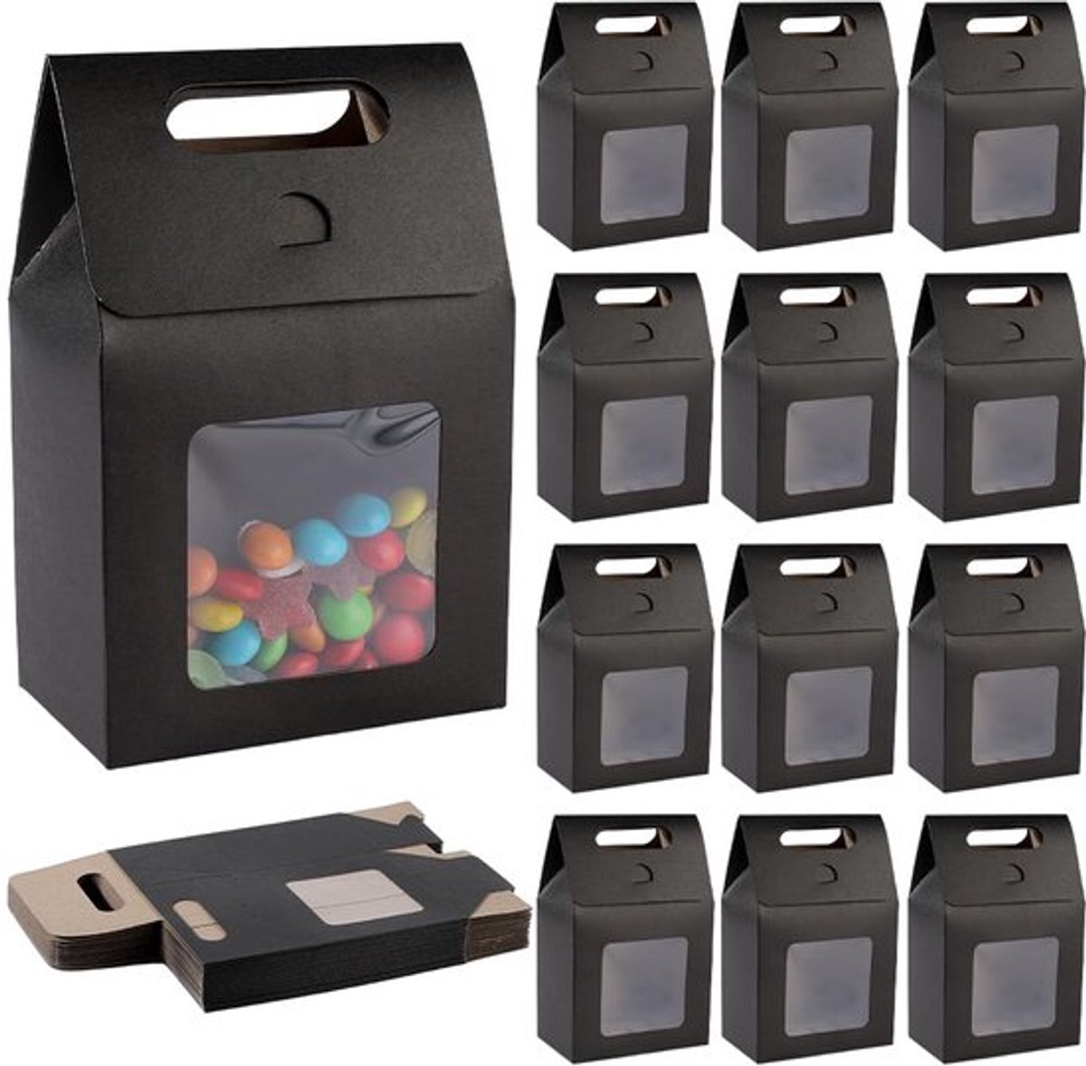 24 Stuks Zwarte Kraft Papieren Cadeauzakken - Mini Zakjes met Venster en Handvatten - Voor Snoep en Bakkerijproducten
