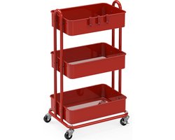 Metalen trolley met 3 opbergniveaus - rood