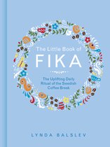 Boek 'The Little Book of Fika' met een cirkelvormig motief van koffiebonen en bloemen op een lichtblauwe achtergrond.