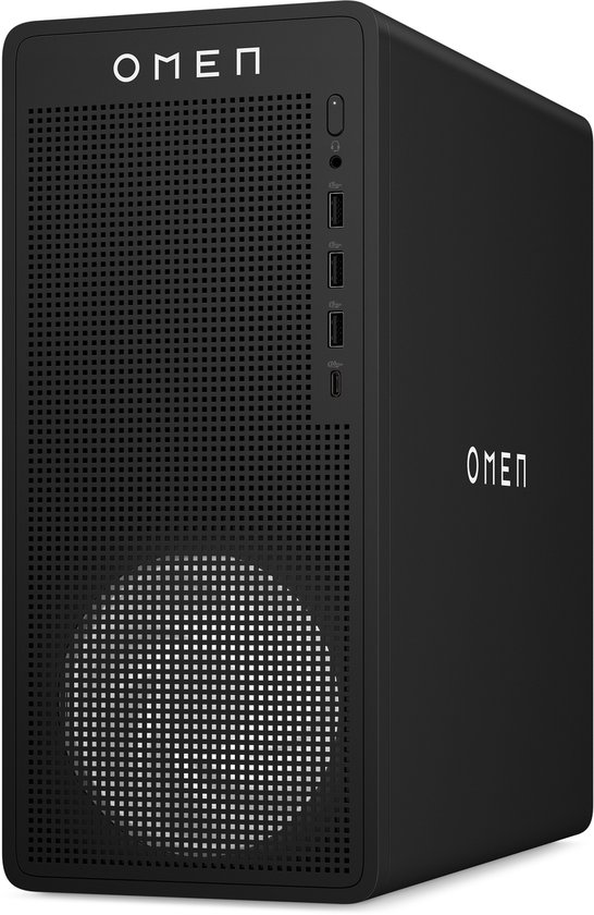 Zwarte OMEN desktop computer met geperforeerd frontpaneel, OMEN-logo op de voorkant en zijkant.