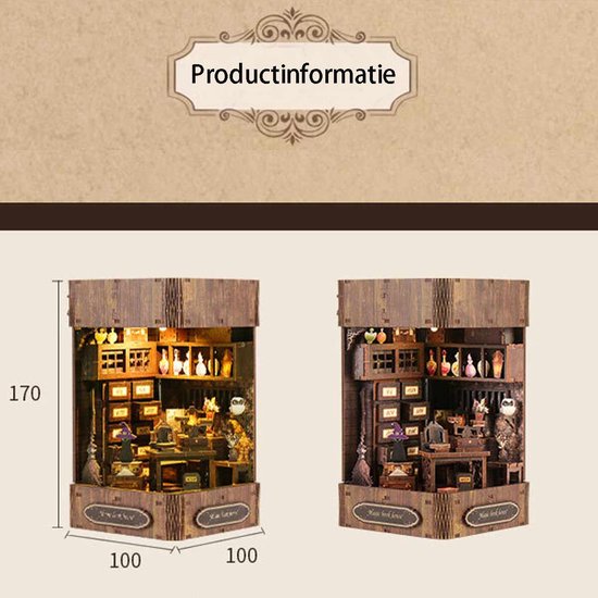 Afmetingen van het miniatuur huisje: 170 mm hoog, 100 mm breed en 100 mm diep.