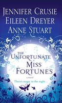 Boekomslag met de titel "The Unfortunate Miss Fortunes" in het wit tegen een nachtblauwe achtergrond met een maan, sterren en bloemen.