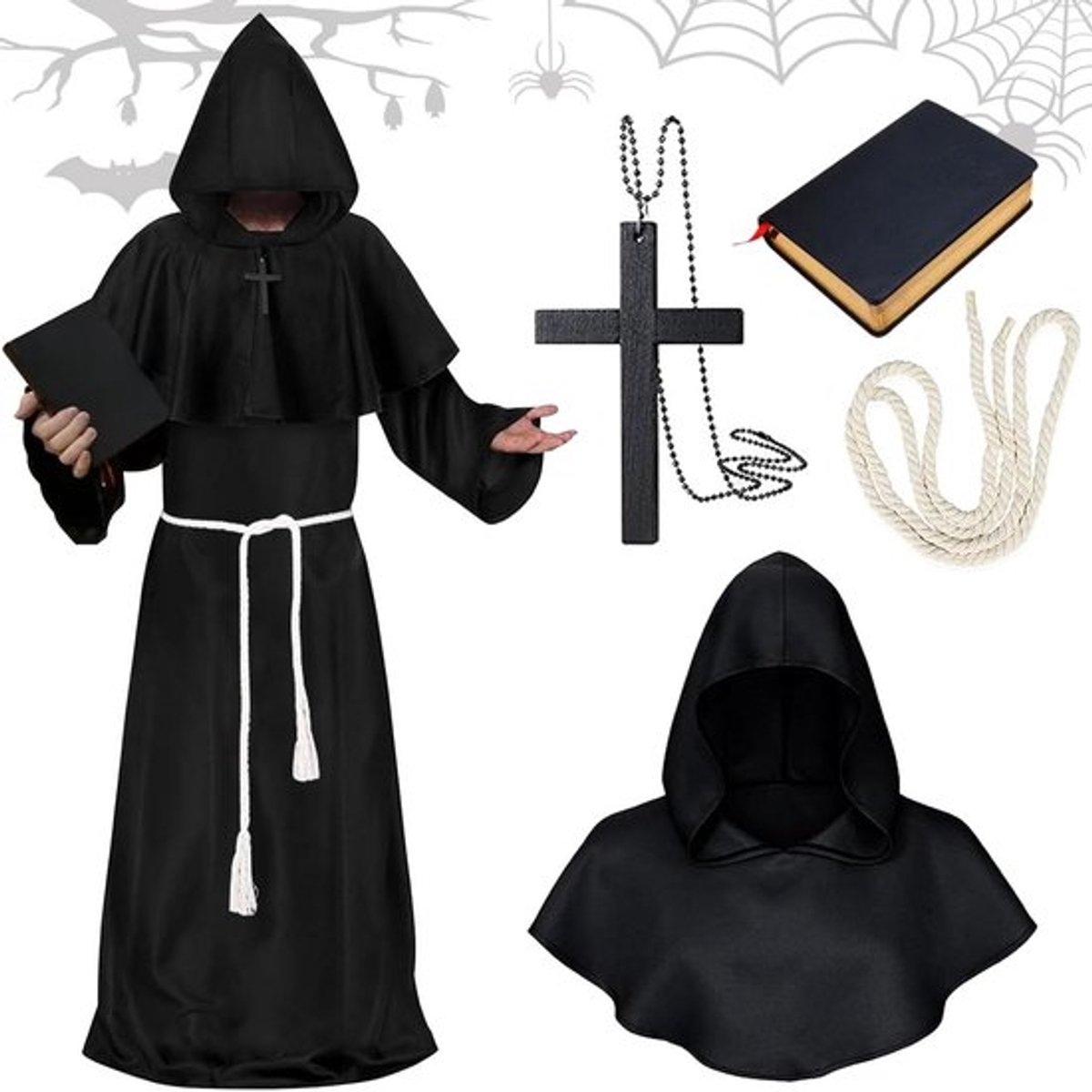 Halloweenkostuum monnikgewaad en priesterkostuumset middeleeuws en renaissance (XL)