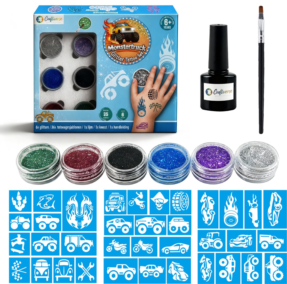 Craftiverse Glitter Tattoo Set – Monstertruck Editie – 36 Sjablonen - 6 Kleuren - Schmink Sjablonen - Knutselpakket - Knutselen Jongens - Huidlijm Voor Glitters - Inclusief Handleiding