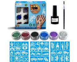 Craftiverse Glitter Tattoo Set – Monstertruck Editie – 36 Sjablonen - 6 Kleuren - Schmink Sjablonen - Knutselpakket - Knutselen Jongens - Huidlijm Voor Glitters - Inclusief Handleiding