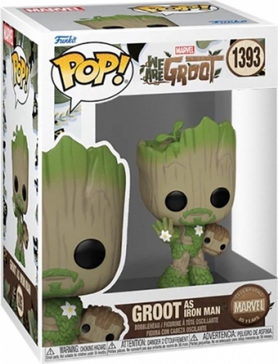 Emballage avec figurine Groot en Iron Man, avec armure verte feuillue et fleurs blanches, et un bébé Groot.