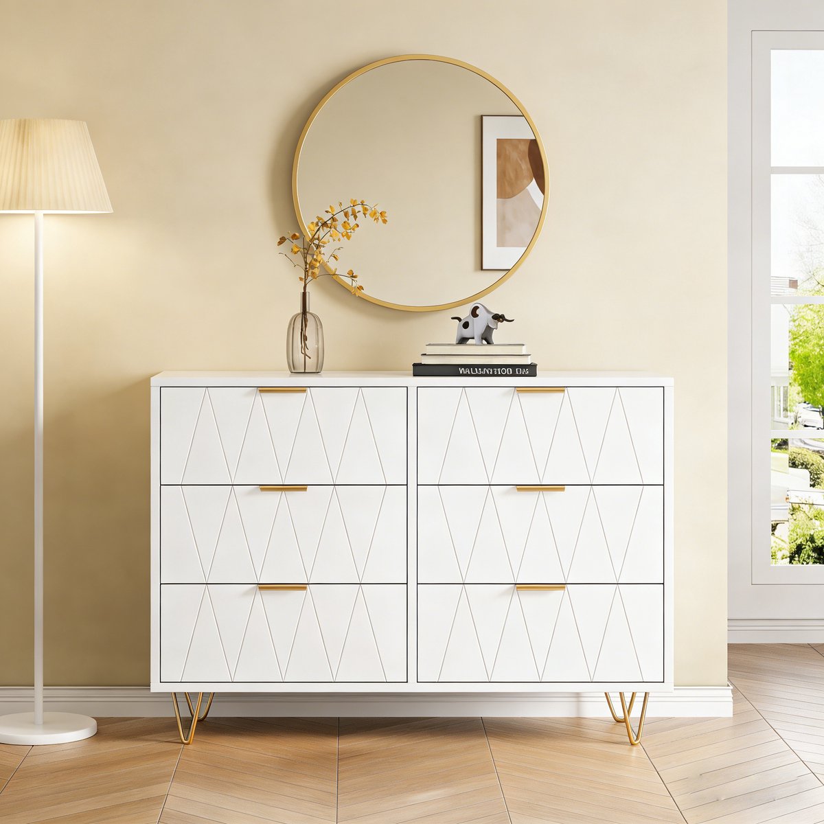 Kast met 6 lades, sideboard ladekast kommode bijzetkast, smalle kast voor woonkamer slaapkamer gang 100x34x72cm, wit