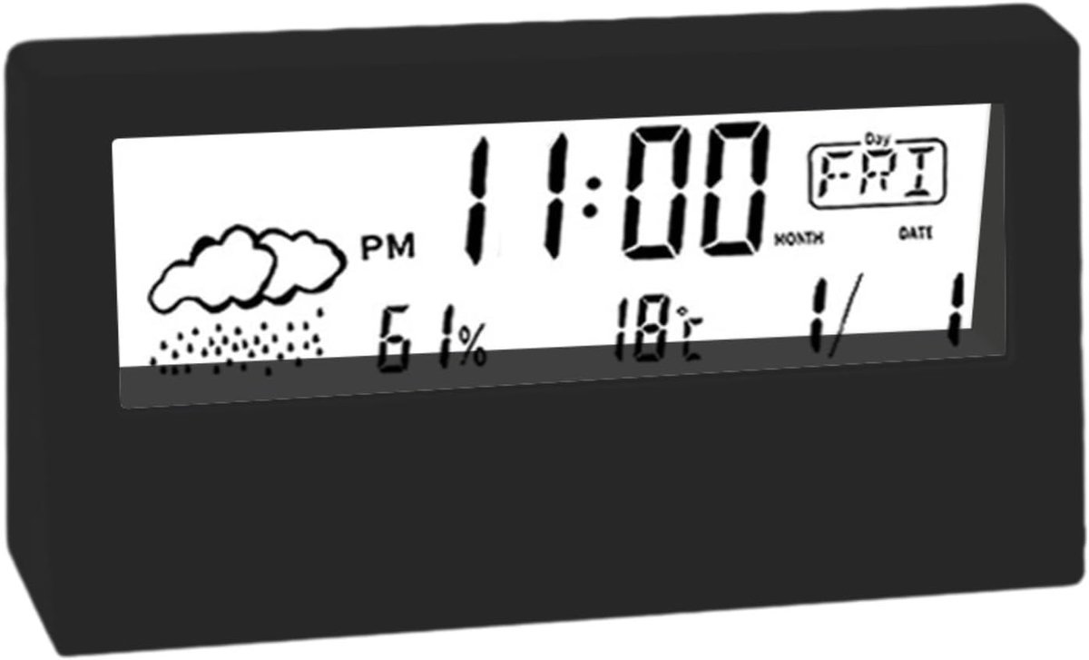 Ynkkvre - Digitale Wekker - Digitale Klok - Reiswekker - Bureau Klok - Weergave Van Kamertemperatuur En Luchtvochtigheid + Datum En Dag Van De Week - 1 Stuk - Zwart