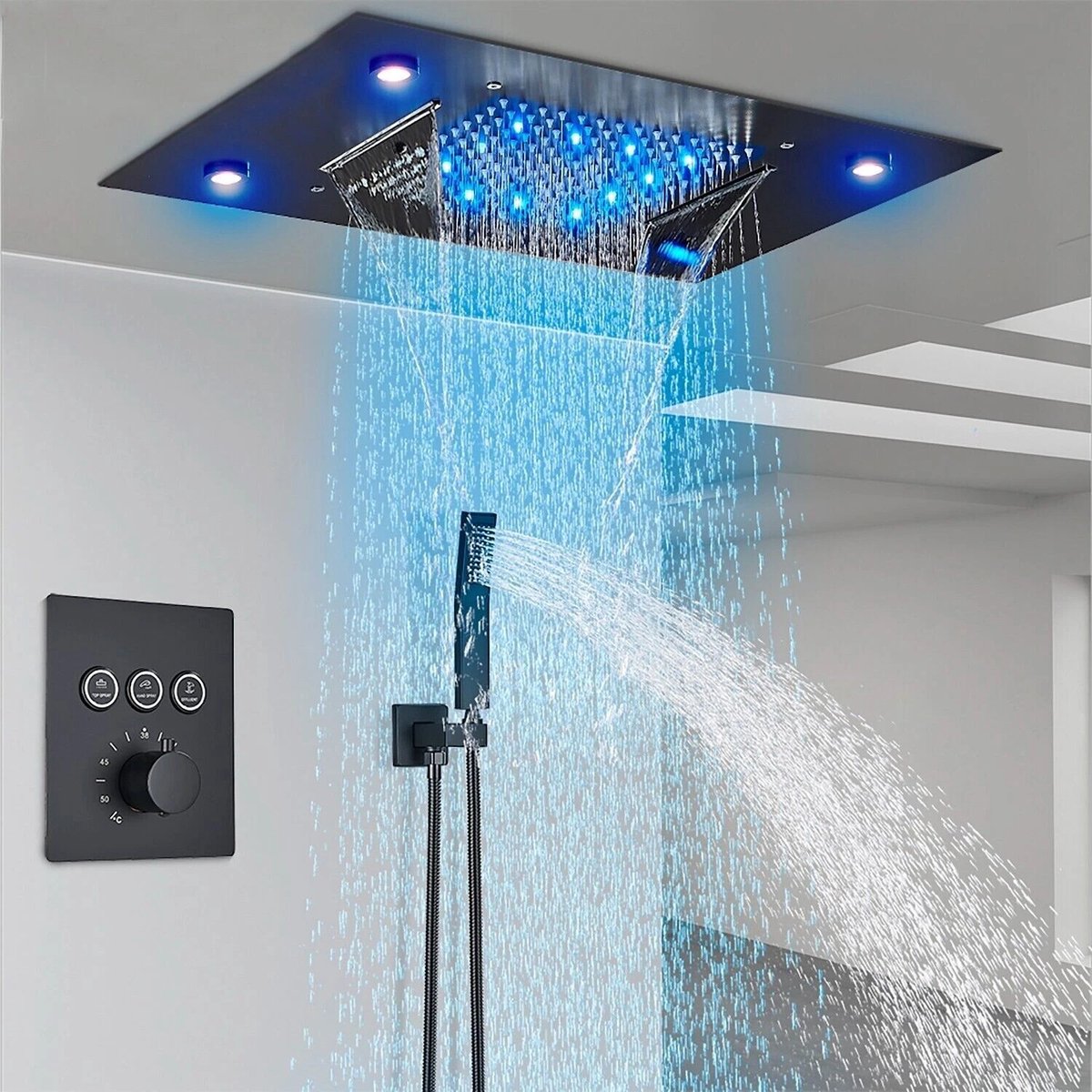 Compleet douchesysteem zwart mat, 49 x 35 cm Regendouche, Thermostatisch douchesysteem, Vierkante douchekop met handdouche, Afstandsbediening