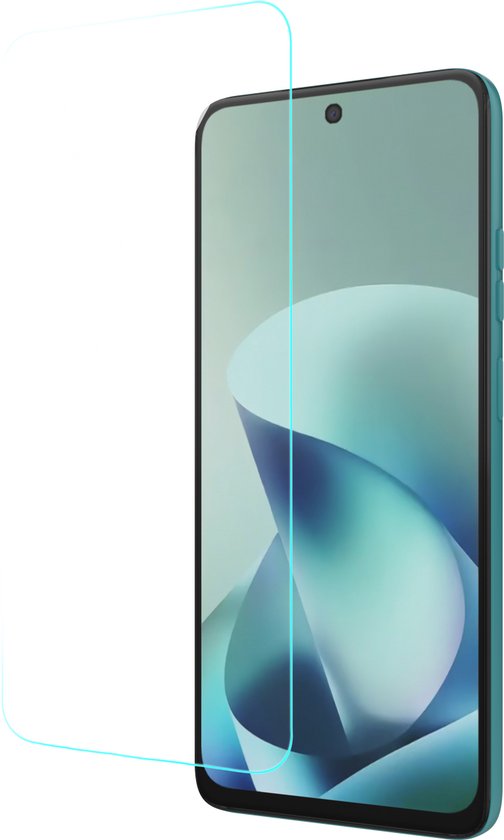 Transparante screenprotector op een zwarte achtergrond, met een turquoise telefoon ernaast.