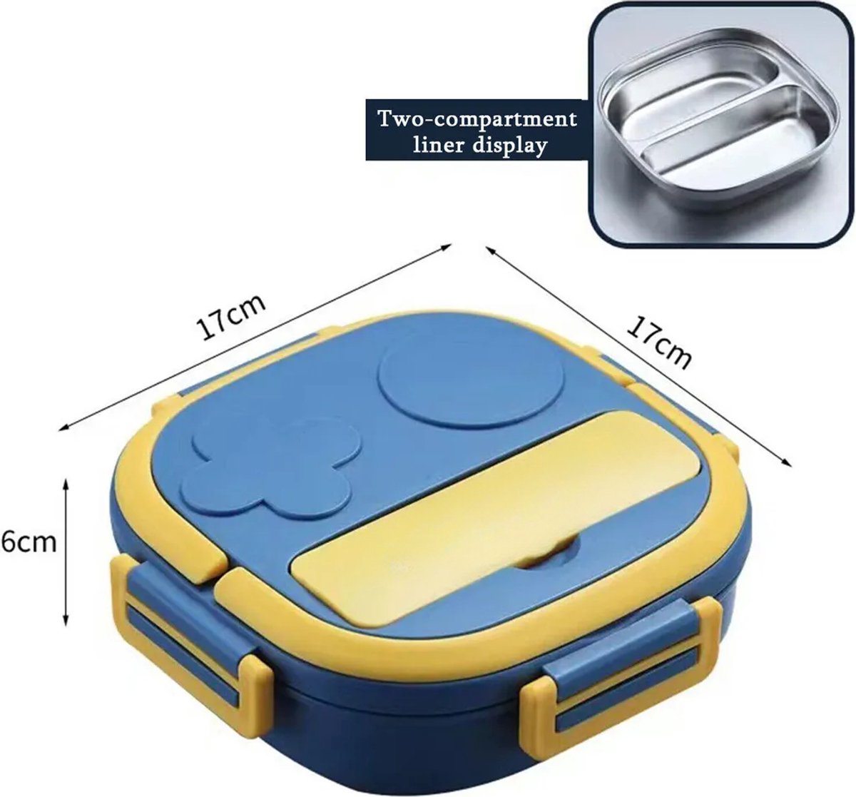 Geïsoleerde lunchbox, gemaakt van roestvrij staal, met drie compartimenten, lekvrij, blauw.