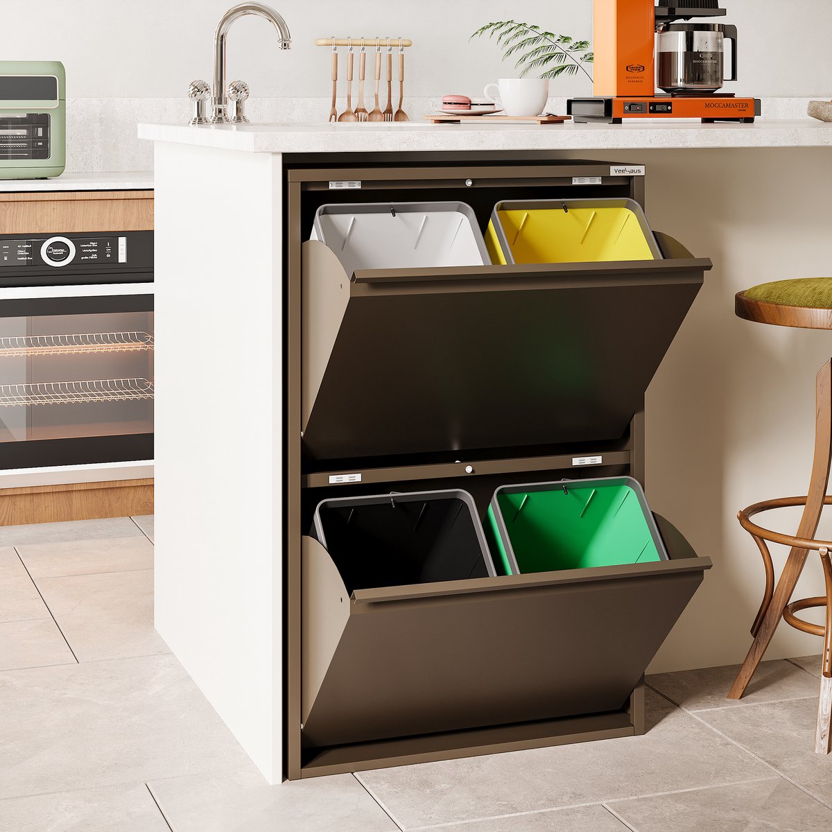 Prullenbak Afvalscheiding 60 Liter (4x15L) - 4 Vakken met Gedempte Klep - Beige | Veehaus Clark
