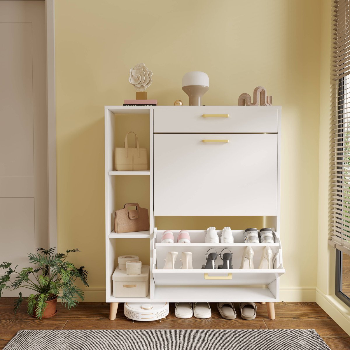Schoenenkast - Witte schoenenkast - Schoenenkast met dubbele deur en enkele lade - Uittrekbaar schoenenrek | Geschikt voor hal/entree/woonkamer | Ruimtebesparende opbergoplossing voor thuis 101x80x24 cm