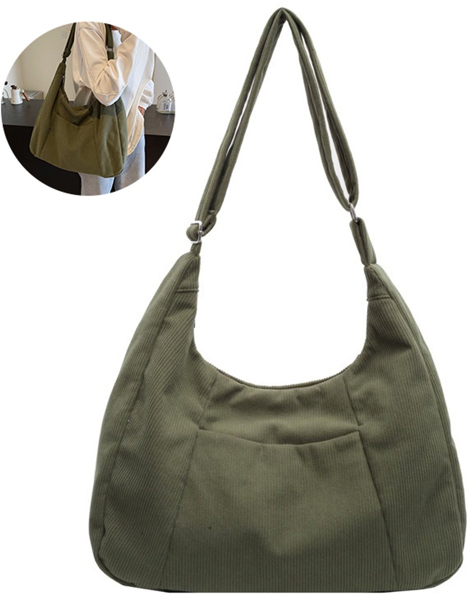 Dames Corduroy Schoudertas - Multifunctionele Halve Maan Tote Bag - Grote Capaciteit Reistas - Groen (39x44x15cm)
