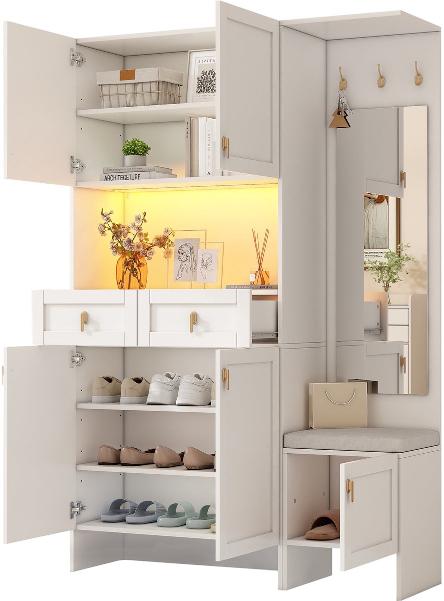 Merax Garderobekast Set Met Schoenenbank - Halmeubel Met Spiegel - 3 Haken - 5 Deuren - 2 Lades - Led Verlichting - Wit - 120 X 180 X 33 5 Cm
