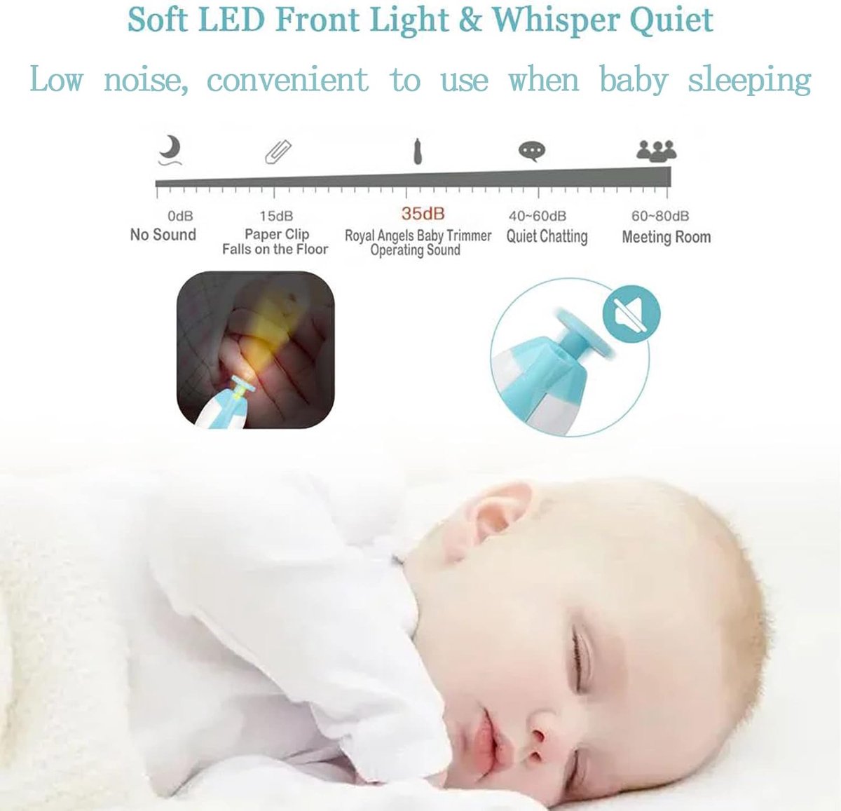 Elektrische nagelknipper - elektrische nagelknipper voor baby's - elektrische nageltrimmer voor baby's - knipt vinger- en teennagels - 6-in-1 nagelset - met LED-lampje - veilig voor pasgeborenen, kinderen en volwassenen. thumbnail 5