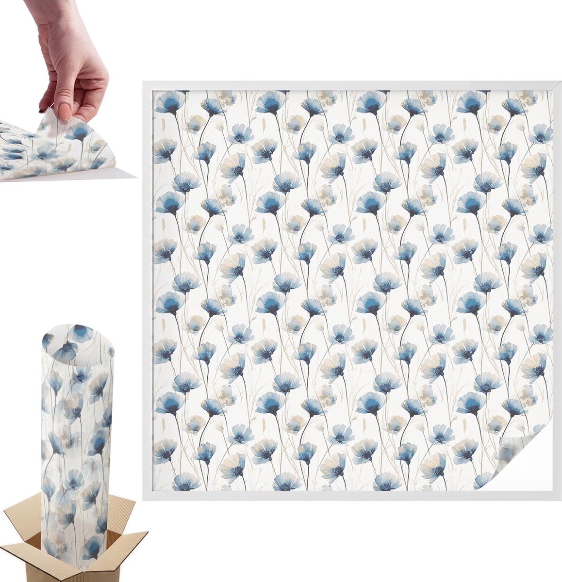 TULUP Raamfolie Anti inkijk - Blauwe bloemen Anti inkijk Raamfolie - 100x100 cm - Wit Raamfolie Tegen inkijk - Zelfklevende Anti inkijk Folie Glas in Lood - Voor de slaapkamer, woonkamer en badkamer. - Zonwerende Raamfolie Glas in Lood Wit - Blauwe bloemen