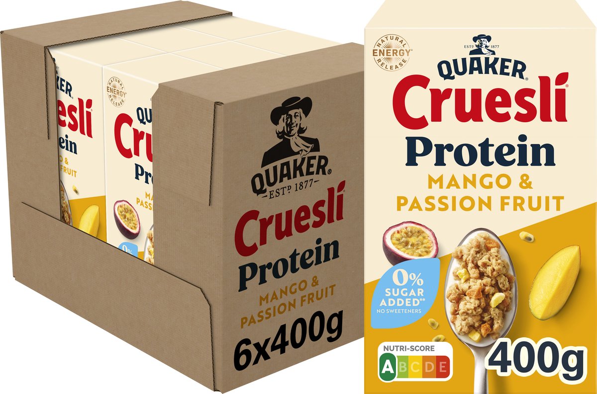Quaker cruesli protein zero sugar added mango & passion fruit 6 x 400 gr