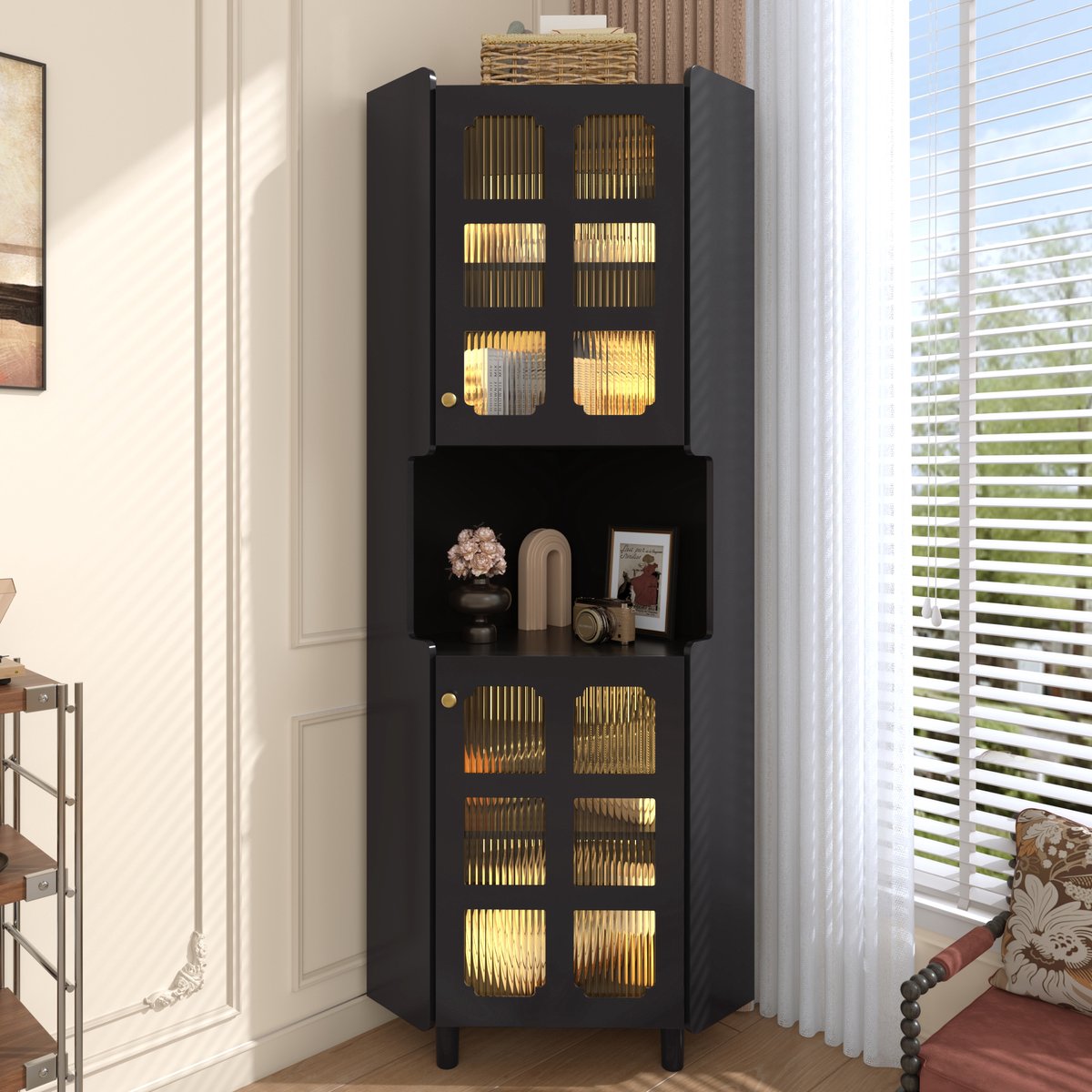 OKWISH Hoekkast – Moderne Laklaag – Met App-Gestuurde LED (10 Kleuren) – 2 Deuren+Open Vak – MDF Zwart – 63,5x157,5 cm