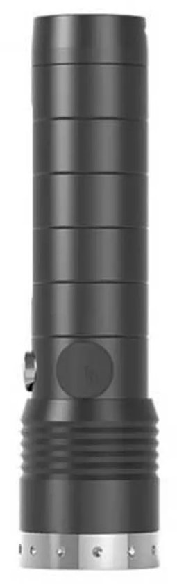 Zwarte zaklamp met geribbelde grip en zilverkleurige onderkant.