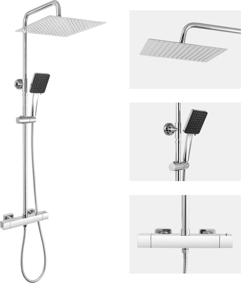 Sofetiy Regendouche met Thermostaatkraan - Doucheset - Ø 30 cm - Met 6 standen Handdouche - Compleet Regendoucheset - Verstelbare Hoogte 88-124cm - Waterbesparend - Chroom