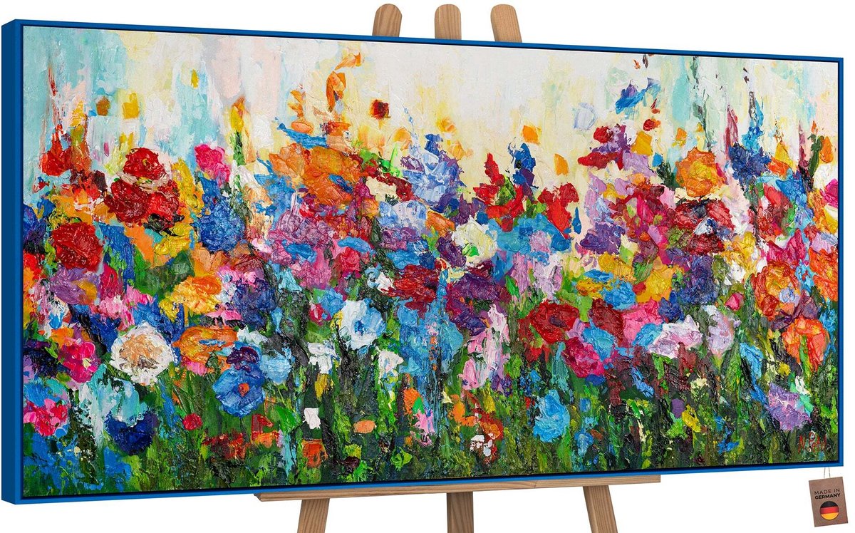YS Schilderij - Handgeschilderd canvas schilderij - Wanddecoratie Bloemen - Roze - Natuur - Muurdecoratie woonkamer - Slaapkamer decoratie - Kamer accessoires - schilderijen op canvas Bloemen - schilderij canvas Bloemen veld Blue 120x60