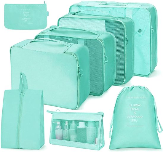 Ensemble Organiseur de Valise 8 Pièces pour Bagage de Voyage - Cubes d'Emballage Multifonctionnels pour l'Organisation des Articles de Toilette et du Maquillage - Sacs de Rangement pour Vacances et Voyages en Cyan