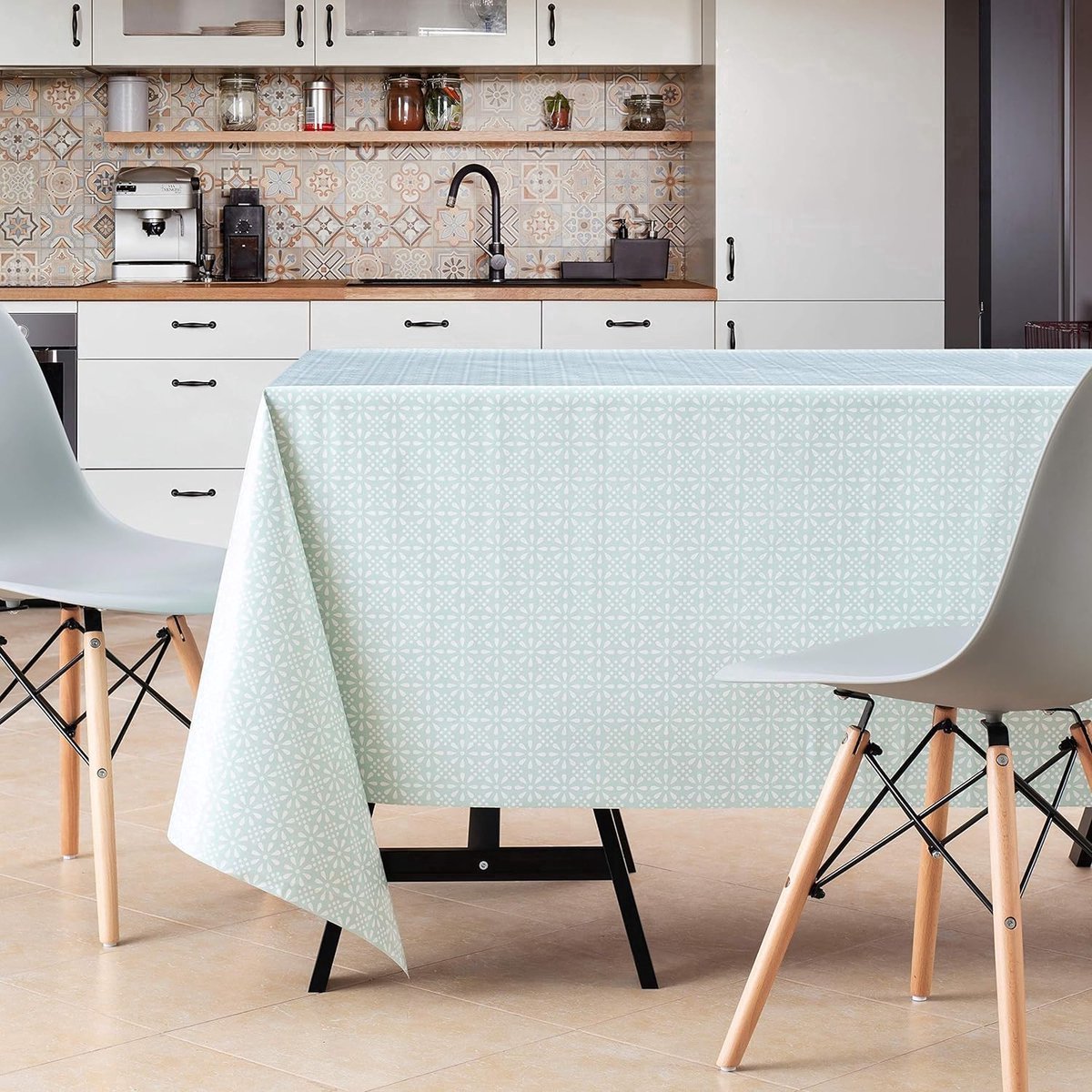 Stunq® Afwasbaar tafelzeil turquoise eendeneikleur in retro witte bloemenprint - PVC tafelzeil, waterafstotend, rechthoekig 200 x 140 cm, vinyl tafelkleed, landelijke stijl - gemakkelijk schoon te maken