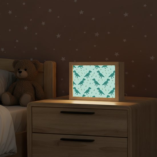 Nachtlampje 20x15 cm - Kinder lampje - Donkergroen - Dinosaurussen - Afdrukken - Bladeren - Tafellamp kinderkamer - Slaapkamer lamp - Bedlamp kinderen - Kinderlampje stopcontact - Wandlamp babykamer - Nachtlampjes van Merkloos — afbeelding 2