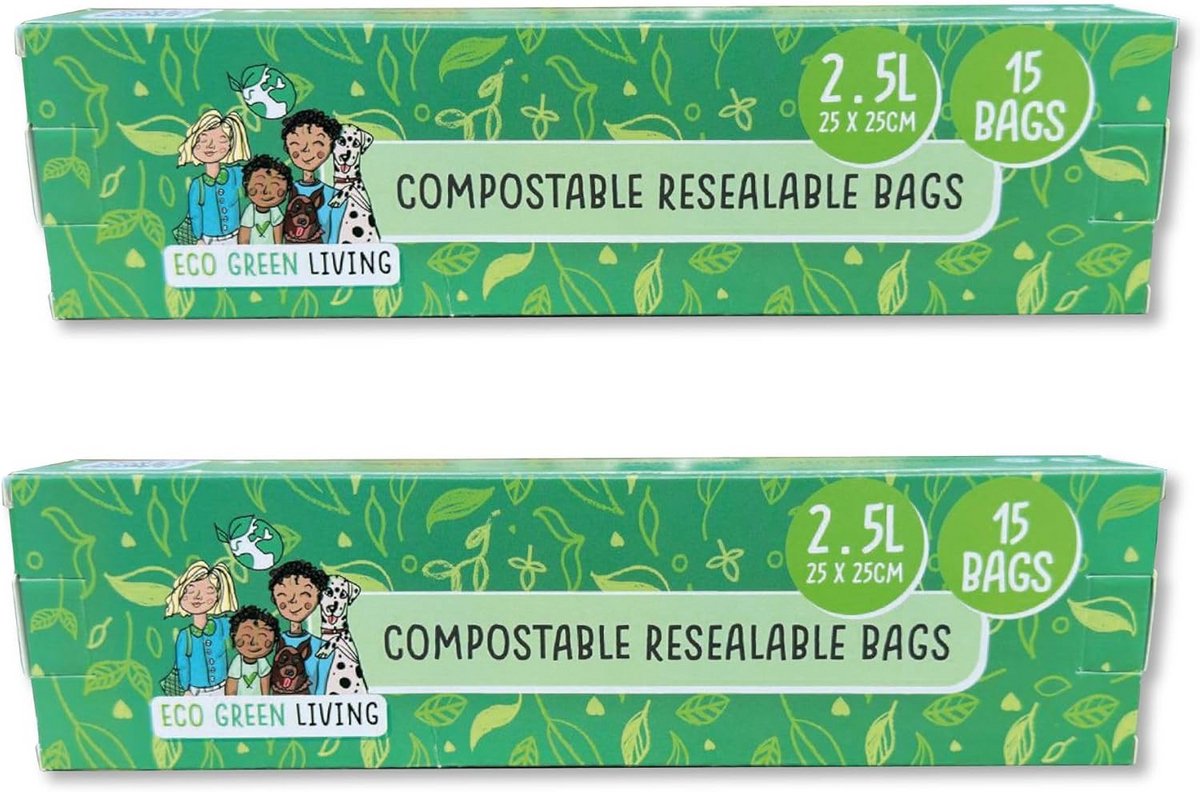 Composteerbare hersluitbare zakken met Ziplock - 2.5L Voedselopslag - 2 stuks